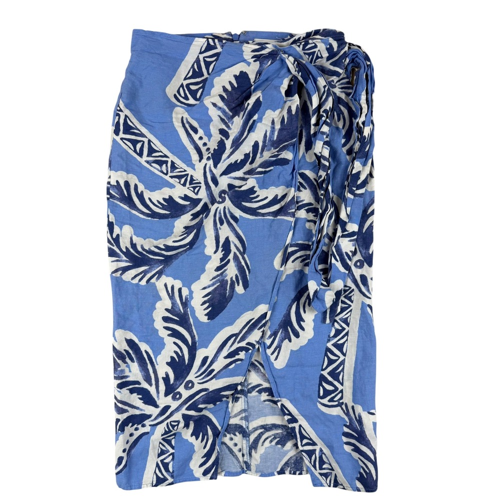 H&M Size 2 Wrap Skirt Tropical Palm Print Linen Blend Side Tie Blue